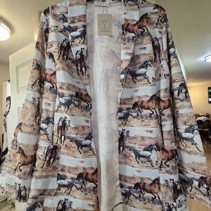 Avery Equestrian Print Blazer in Cream and Brown